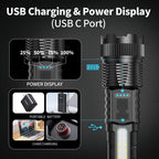 6-IN-1 ZOOM FLASHLIGHT! 200M BEAM & USB-C FAST CHARGE | 3 MAIN MODES + 3 COB SIDELIGHTS | POWER DISPLAY & PORTABLE BATTERY PACK | PERFECT for CAMPING & EMERGENCIES! Strong Flashlight High Lumen
