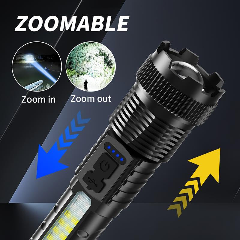 6-IN-1 ZOOM FLASHLIGHT! 200M BEAM & USB-C FAST CHARGE | 3 MAIN MODES + 3 COB SIDELIGHTS | POWER DISPLAY & PORTABLE BATTERY PACK | PERFECT for CAMPING & EMERGENCIES! Strong Flashlight High Lumen